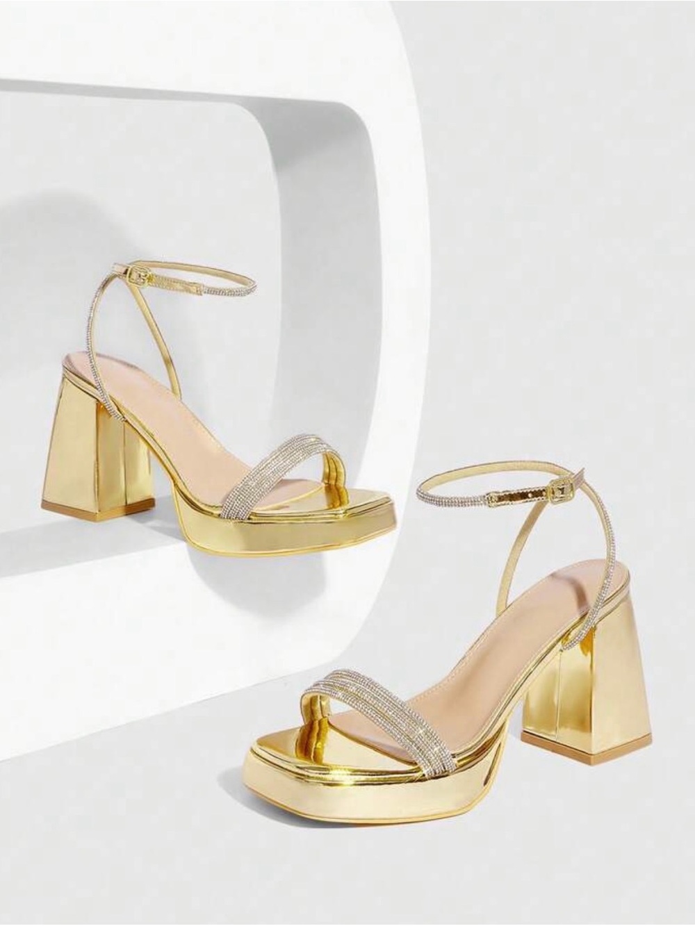 SHEIN Metallic Gold Platform Block Heel Sandals with Rhinestone Strap